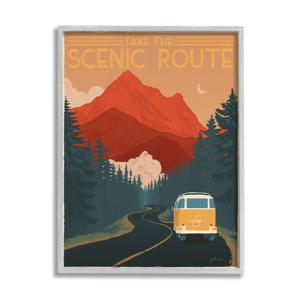 Stupell Industries Take the Scenic Route Phrase Retro Mountain Travel Framed Wall Art